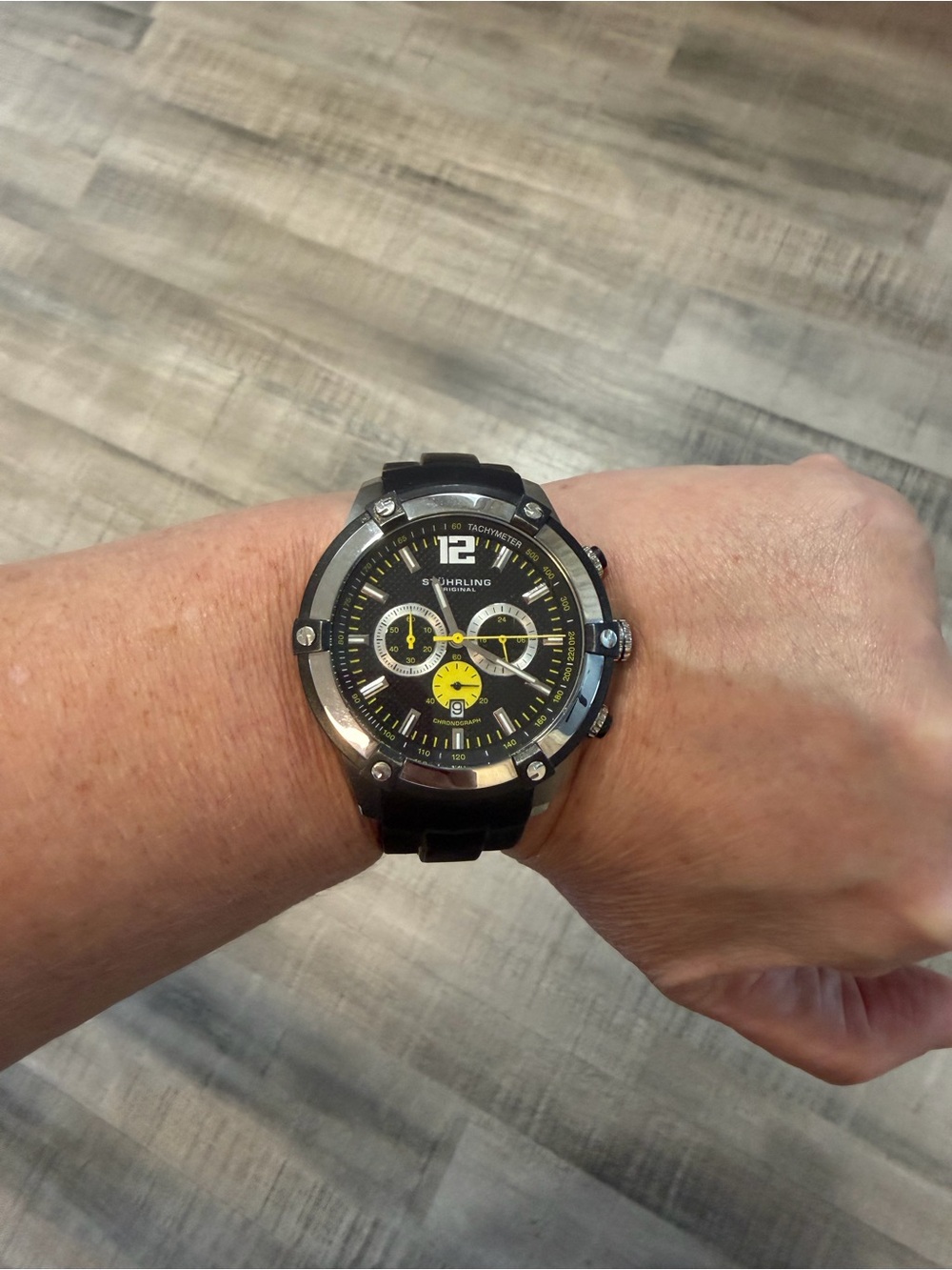 Stuhrling Original Men’s Chronograph Watch Black Yellow Dial Tested Working